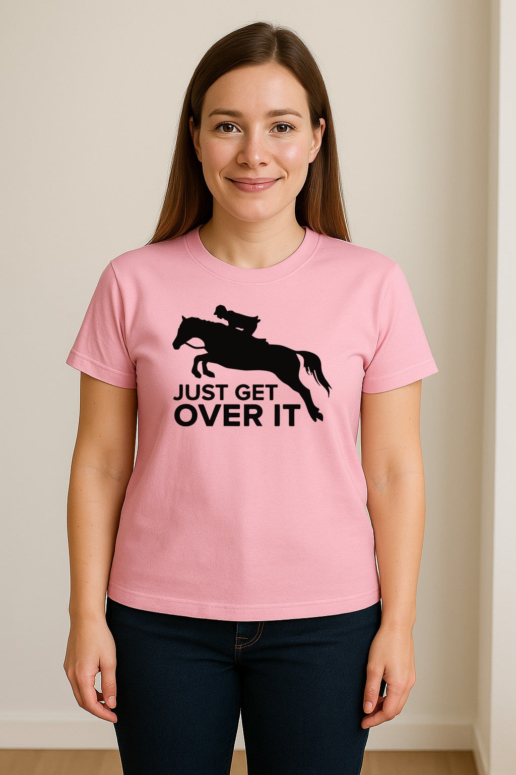 Horse Jumping T-Shirt, Just Get Over It Equestrian Design for Show Riders and Stable Life