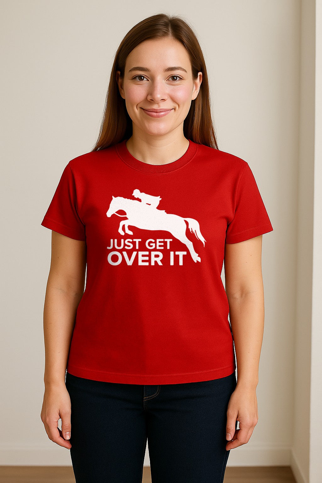 Horse Jumping T-Shirt, Just Get Over It Equestrian Design for Show Riders and Stable Life