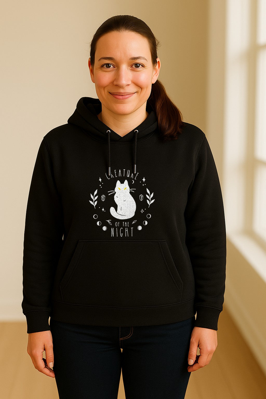 Cat Hoodie, Creature of the Night Graphic with Yellow Eyes for Spooky Season and Animal Lovers