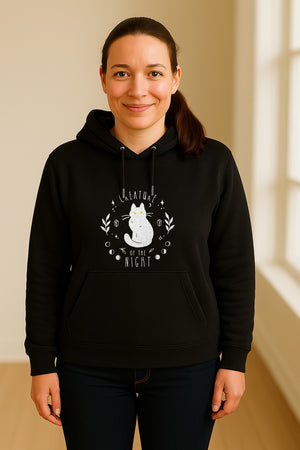 Cat Hoodie, Creature of the Night Graphic with Yellow Eyes for Spooky Season and Animal Lovers