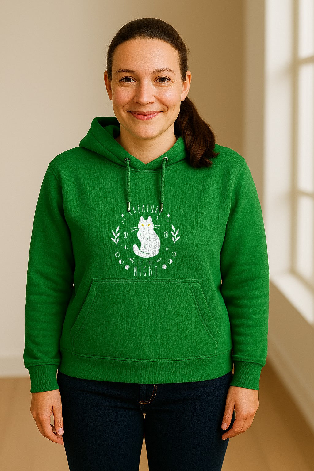 Cat Hoodie, Creature of the Night Graphic with Yellow Eyes for Spooky Season and Animal Lovers