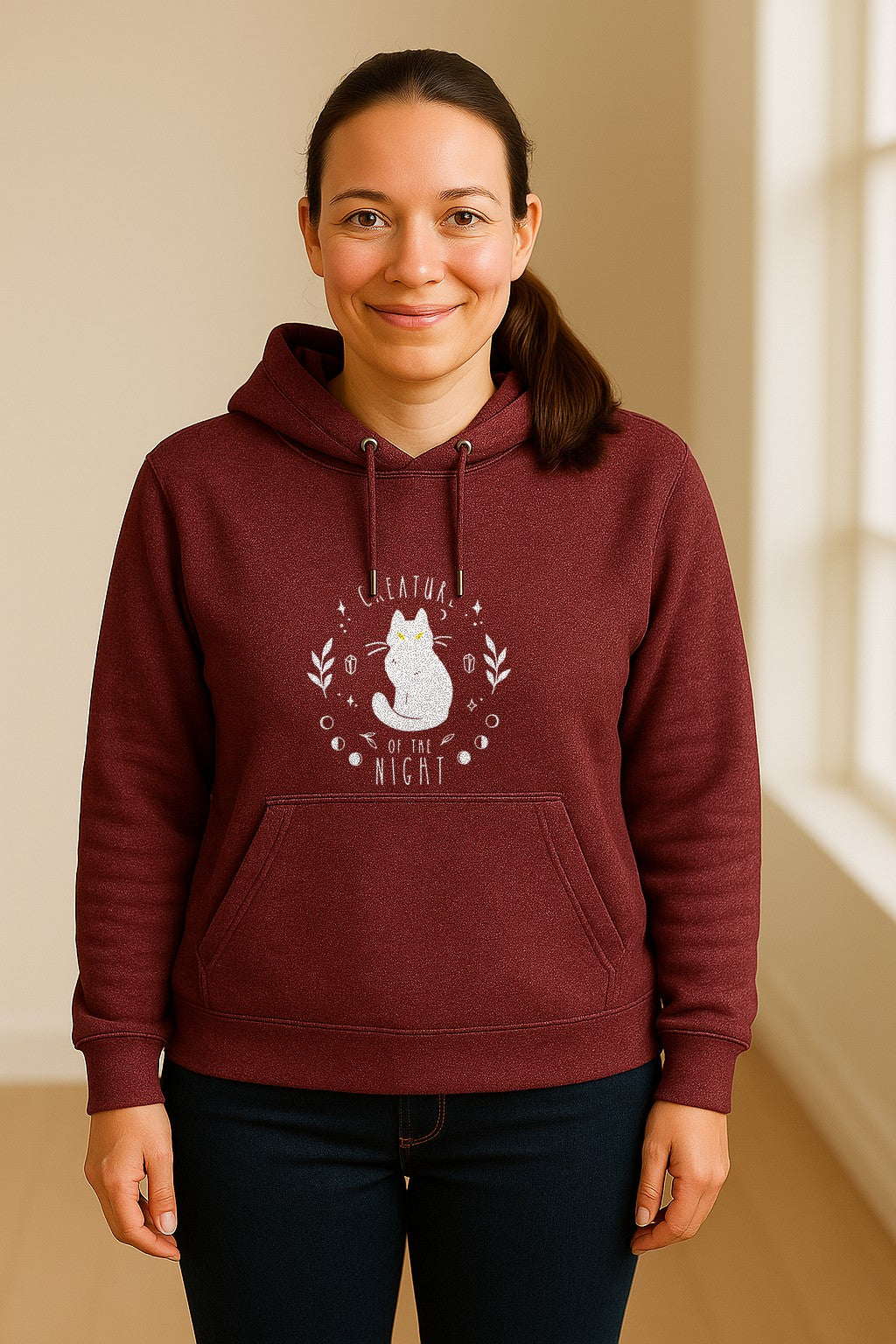 Cat Hoodie, Creature of the Night Graphic with Yellow Eyes for Spooky Season and Animal Lovers
