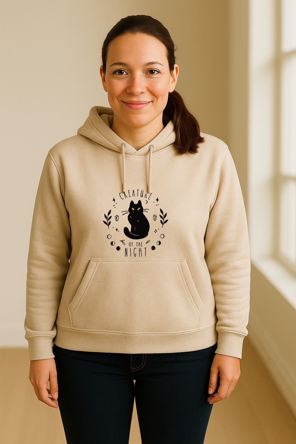 Cat Hoodie, Creature of the Night Graphic with Yellow Eyes for Spooky Season and Animal Lovers