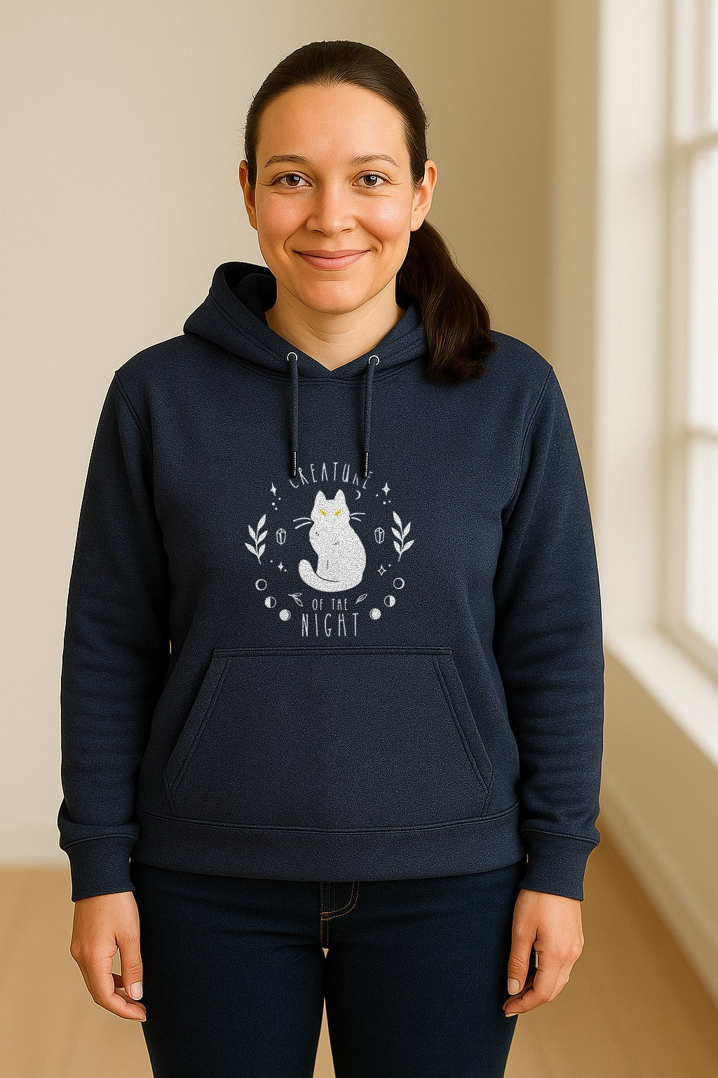 Cat Hoodie, Creature of the Night Graphic with Yellow Eyes for Spooky Season and Animal Lovers