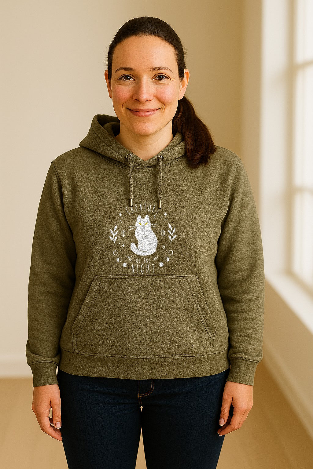 Cat Hoodie, Creature of the Night Graphic with Yellow Eyes for Spooky Season and Animal Lovers