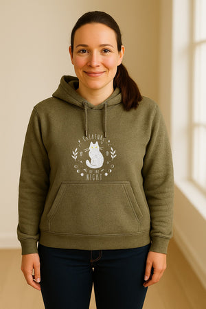 Cat Hoodie, Creature of the Night Graphic with Yellow Eyes for Spooky Season and Animal Lovers