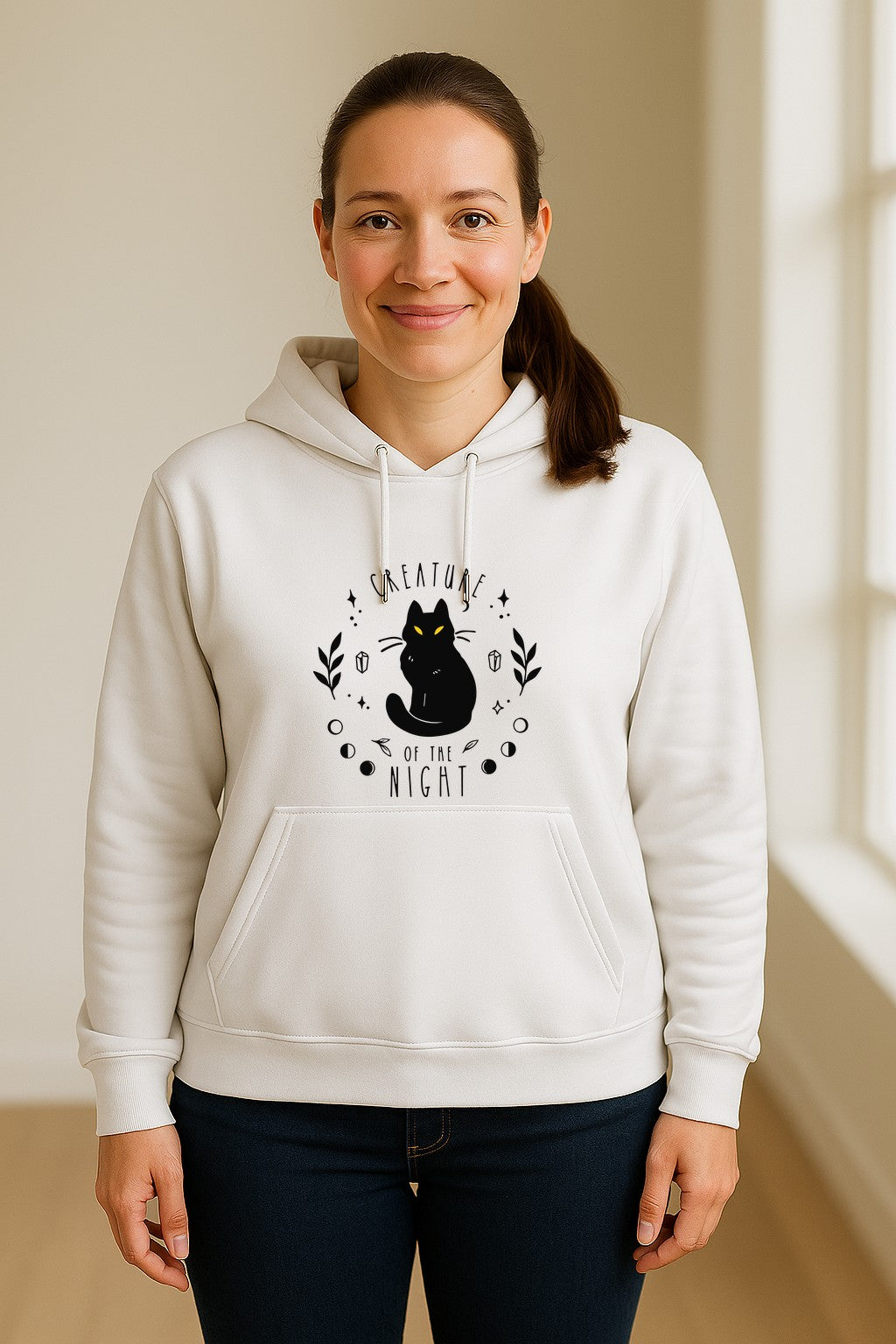 Cat Hoodie, Creature of the Night Graphic with Yellow Eyes for Spooky Season and Animal Lovers