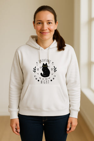 Cat Hoodie, Creature of the Night Graphic with Yellow Eyes for Spooky Season and Animal Lovers