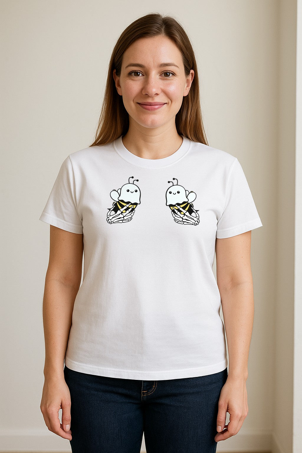Halloween T-Shirt, Ghost Bee and Skeleton Hands Design for Spooky Season Costume Parties
