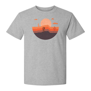 Desert Sunset T-Shirt, Retro Cactus Horizon Graphic for 1970s Style Nature Lovers