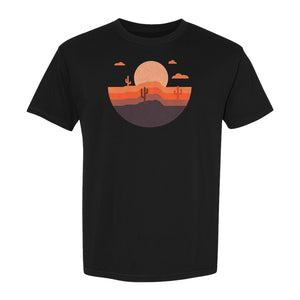 Desert Sunset T-Shirt, Retro Cactus Horizon Graphic for 1970s Style Nature Lovers