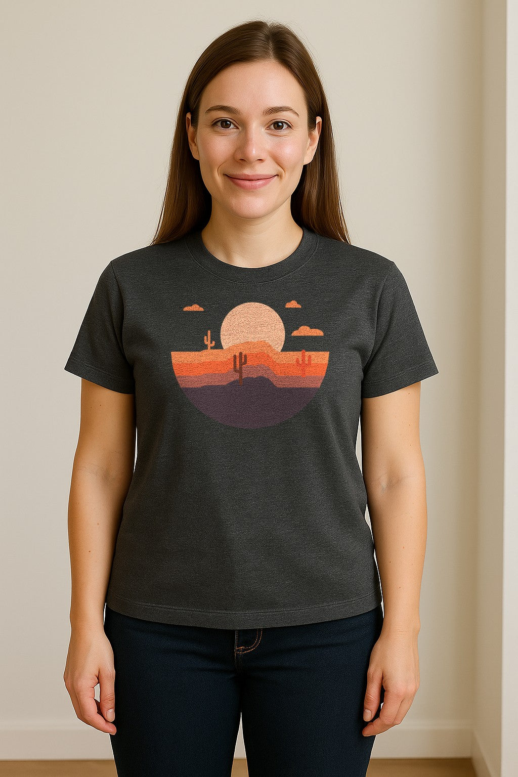 Desert Sunset T-Shirt, Retro Cactus Horizon Graphic for 1970s Style Nature Lovers