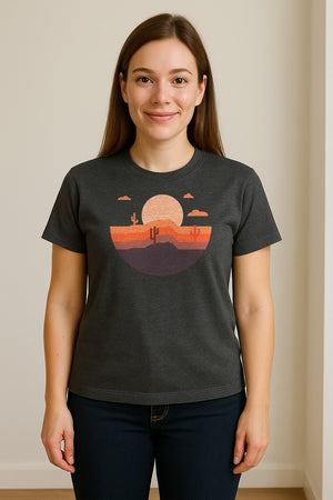 Desert Sunset T-Shirt, Retro Cactus Horizon Graphic for 1970s Style Nature Lovers