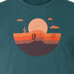 Desert Sunset T-Shirt, Retro Cactus Horizon Graphic for 1970s Style Nature Lovers