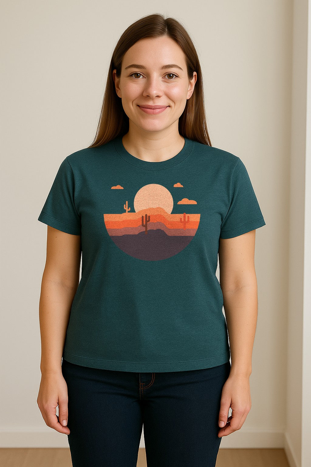 Desert Sunset T-Shirt, Retro Cactus Horizon Graphic for 1970s Style Nature Lovers
