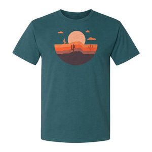 Desert Sunset T-Shirt, Retro Cactus Horizon Graphic for 1970s Style Nature Lovers
