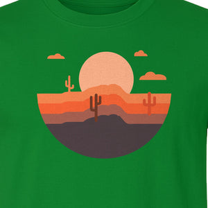 Desert Sunset T-Shirt, Retro Cactus Horizon Graphic for 1970s Style Nature Lovers