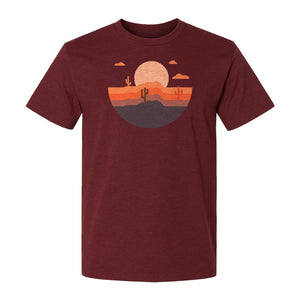 Desert Sunset T-Shirt, Retro Cactus Horizon Graphic for 1970s Style Nature Lovers