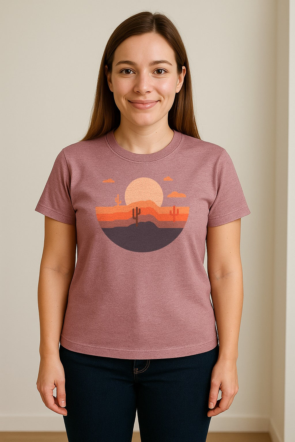 Desert Sunset T-Shirt, Retro Cactus Horizon Graphic for 1970s Style Nature Lovers