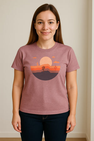 Desert Sunset T-Shirt, Retro Cactus Horizon Graphic for 1970s Style Nature Lovers