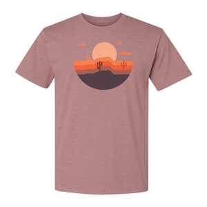 Desert Sunset T-Shirt, Retro Cactus Horizon Graphic for 1970s Style Nature Lovers