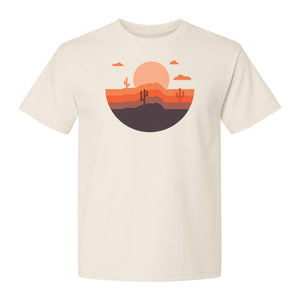 Desert Sunset T-Shirt, Retro Cactus Horizon Graphic for 1970s Style Nature Lovers