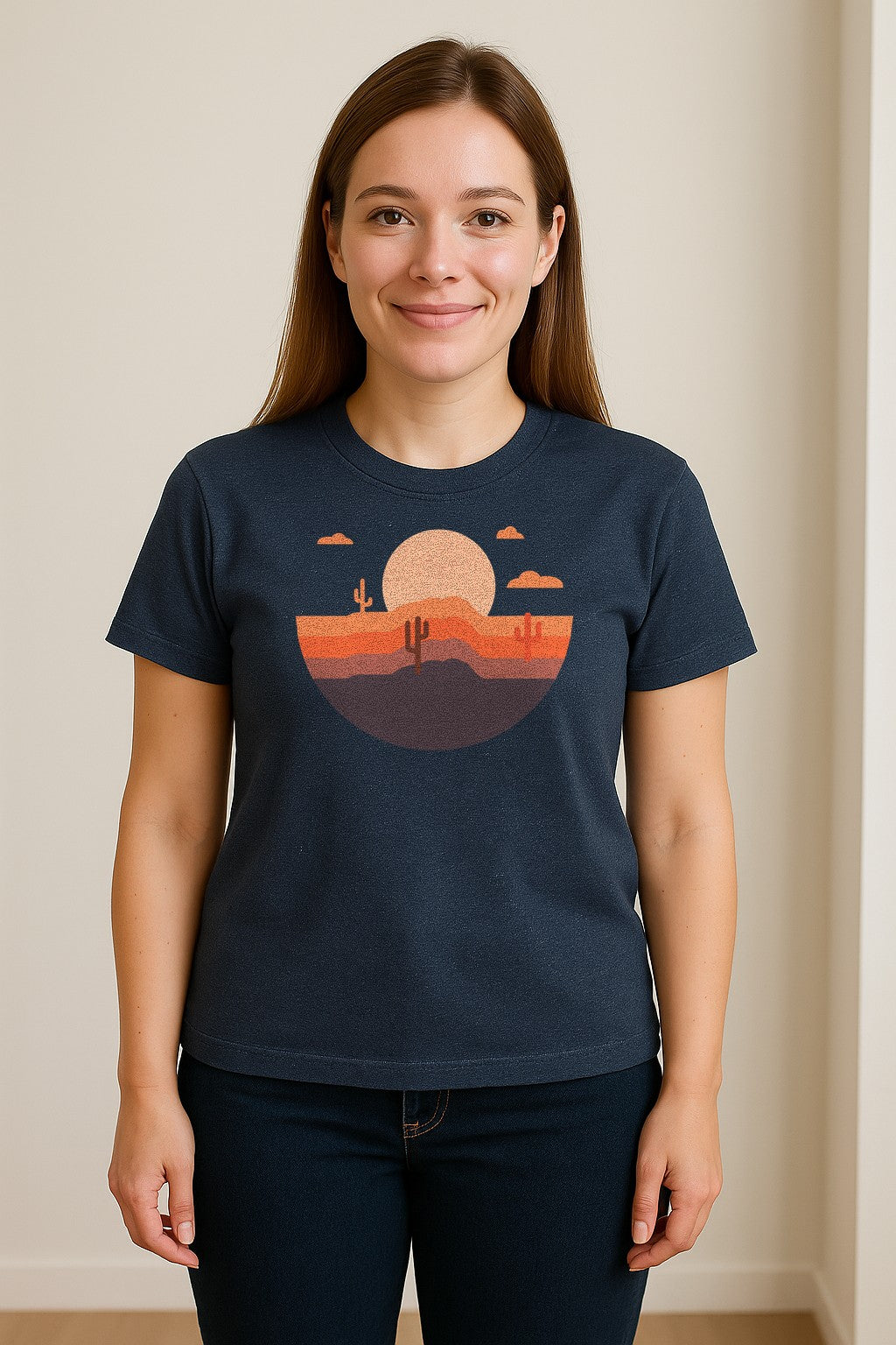 Desert Sunset T-Shirt, Retro Cactus Horizon Graphic for 1970s Style Nature Lovers