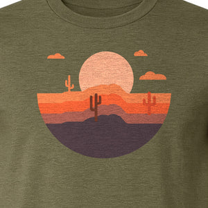 Desert Sunset T-Shirt, Retro Cactus Horizon Graphic for 1970s Style Nature Lovers