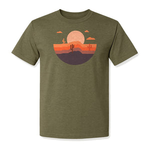 Desert Sunset T-Shirt, Retro Cactus Horizon Graphic for 1970s Style Nature Lovers