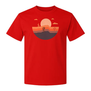 Desert Sunset T-Shirt, Retro Cactus Horizon Graphic for 1970s Style Nature Lovers