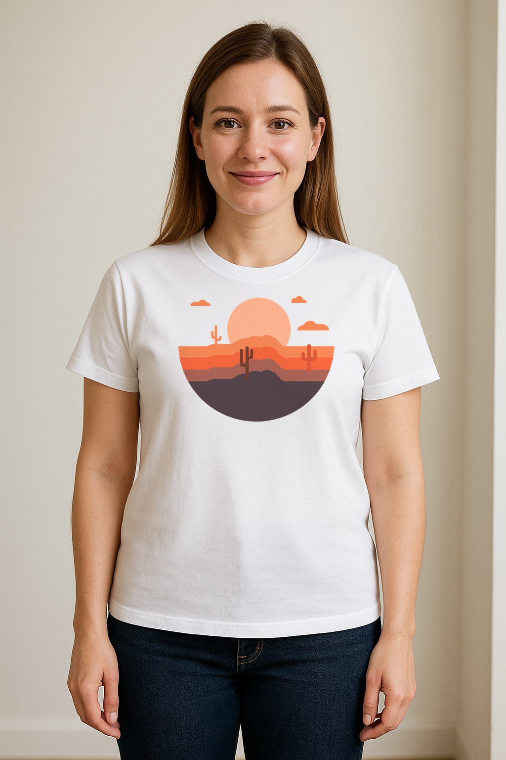Desert Sunset T-Shirt, Retro Cactus Horizon Graphic for 1970s Style Nature Lovers