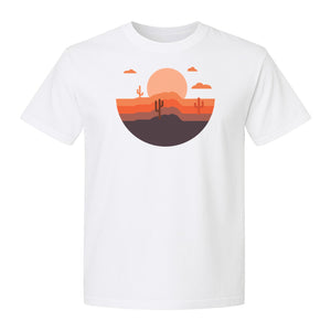 Desert Sunset T-Shirt, Retro Cactus Horizon Graphic for 1970s Style Nature Lovers