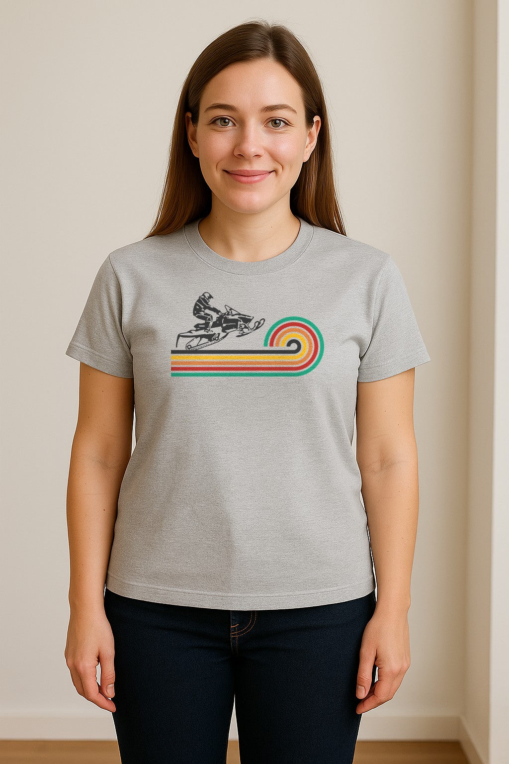 Snowmobile T-Shirt, Retro Rainbow Stripe Winter Sports Graphic Tee for Sledding Fans