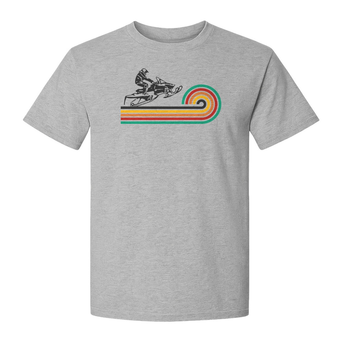 Snowmobile T-Shirt, Retro Rainbow Stripe Winter Sports Graphic Tee for Sledding Fans