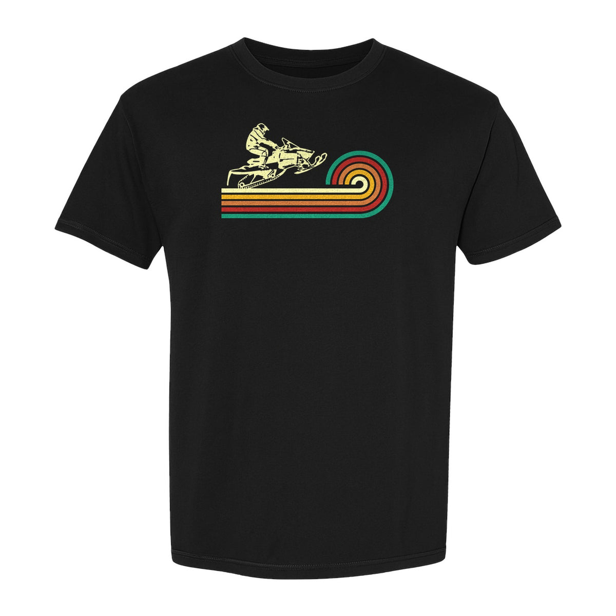 Snowmobile T-Shirt, Retro Rainbow Stripe Winter Sports Graphic Tee for Sledding Fans