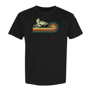 Snowmobile T-Shirt, Retro Rainbow Stripe Winter Sports Graphic Tee for Sledding Fans