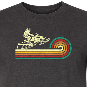 Snowmobile T-Shirt, Retro Rainbow Stripe Winter Sports Graphic Tee for Sledding Fans