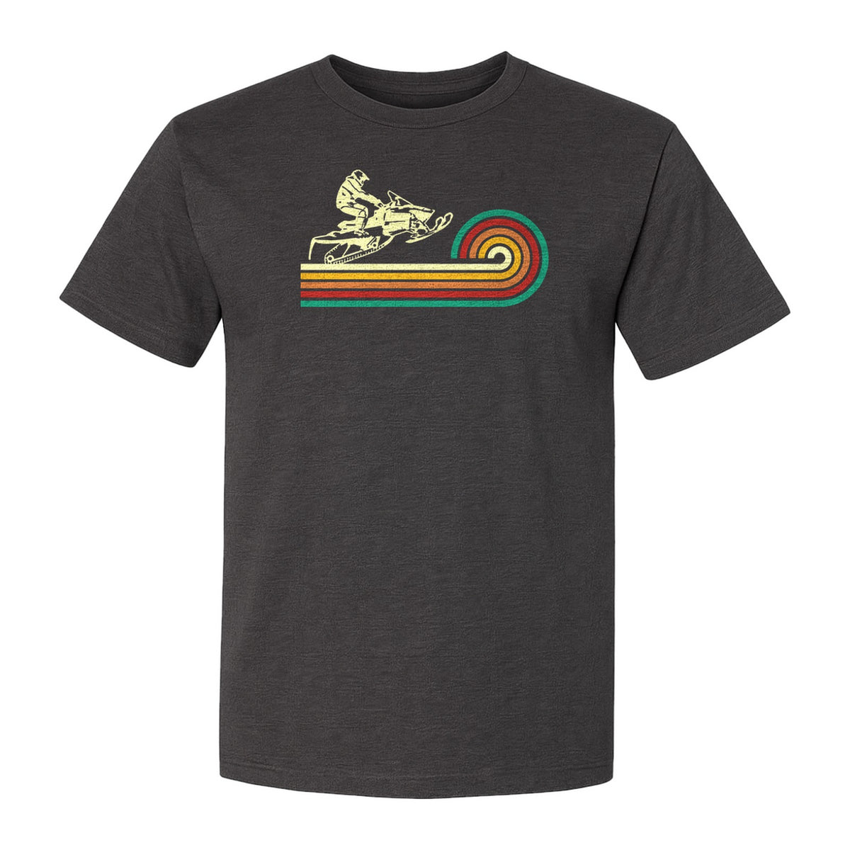 Snowmobile T-Shirt, Retro Rainbow Stripe Winter Sports Graphic Tee for Sledding Fans