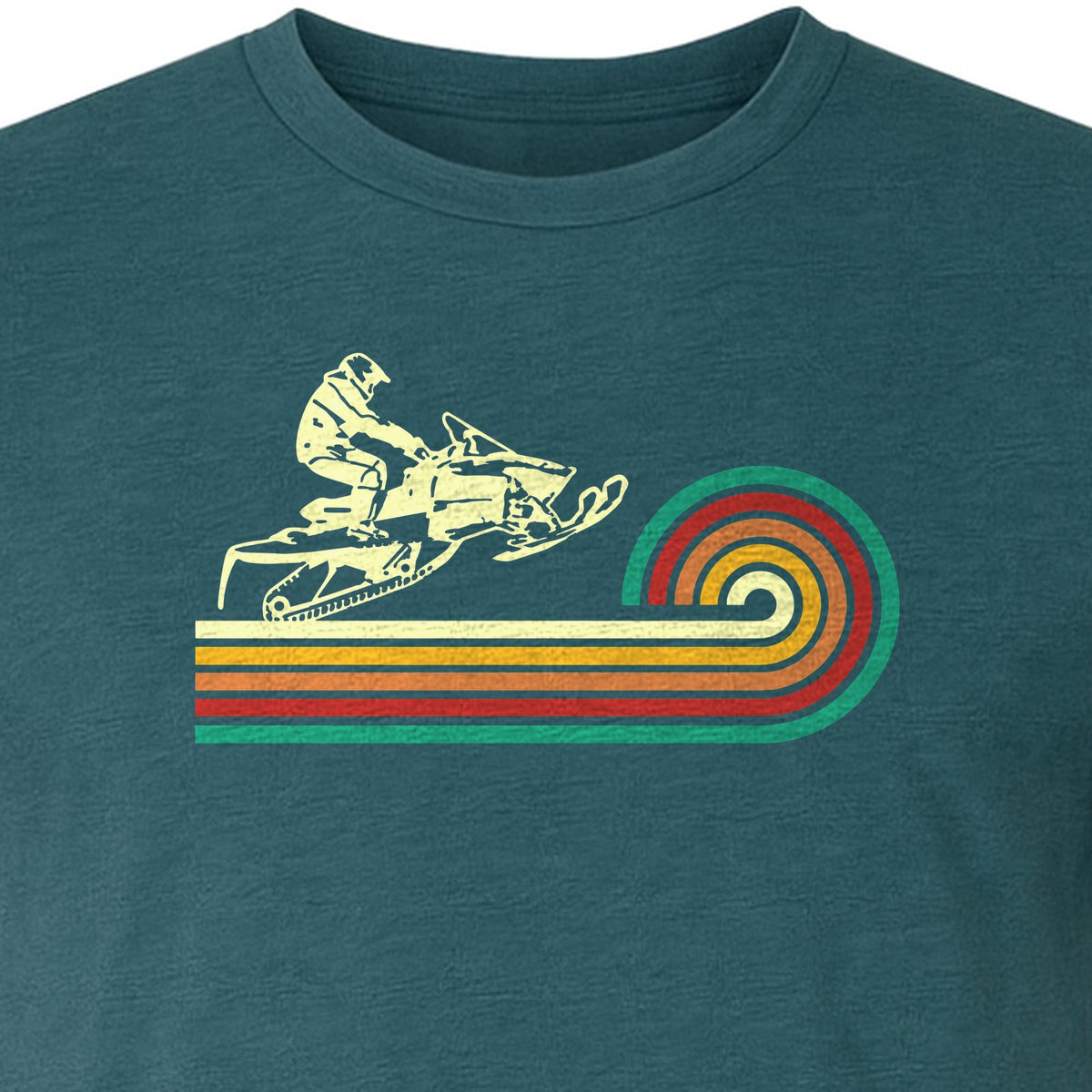 Snowmobile T-Shirt, Retro Rainbow Stripe Winter Sports Graphic Tee for Sledding Fans