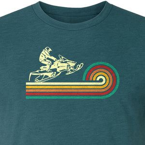 Snowmobile T-Shirt, Retro Rainbow Stripe Winter Sports Graphic Tee for Sledding Fans