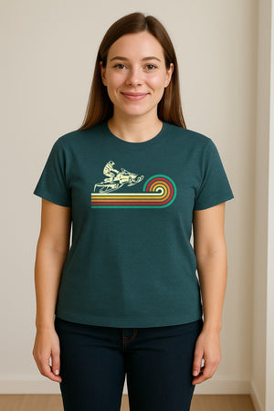 Snowmobile T-Shirt, Retro Rainbow Stripe Winter Sports Graphic Tee for Sledding Fans