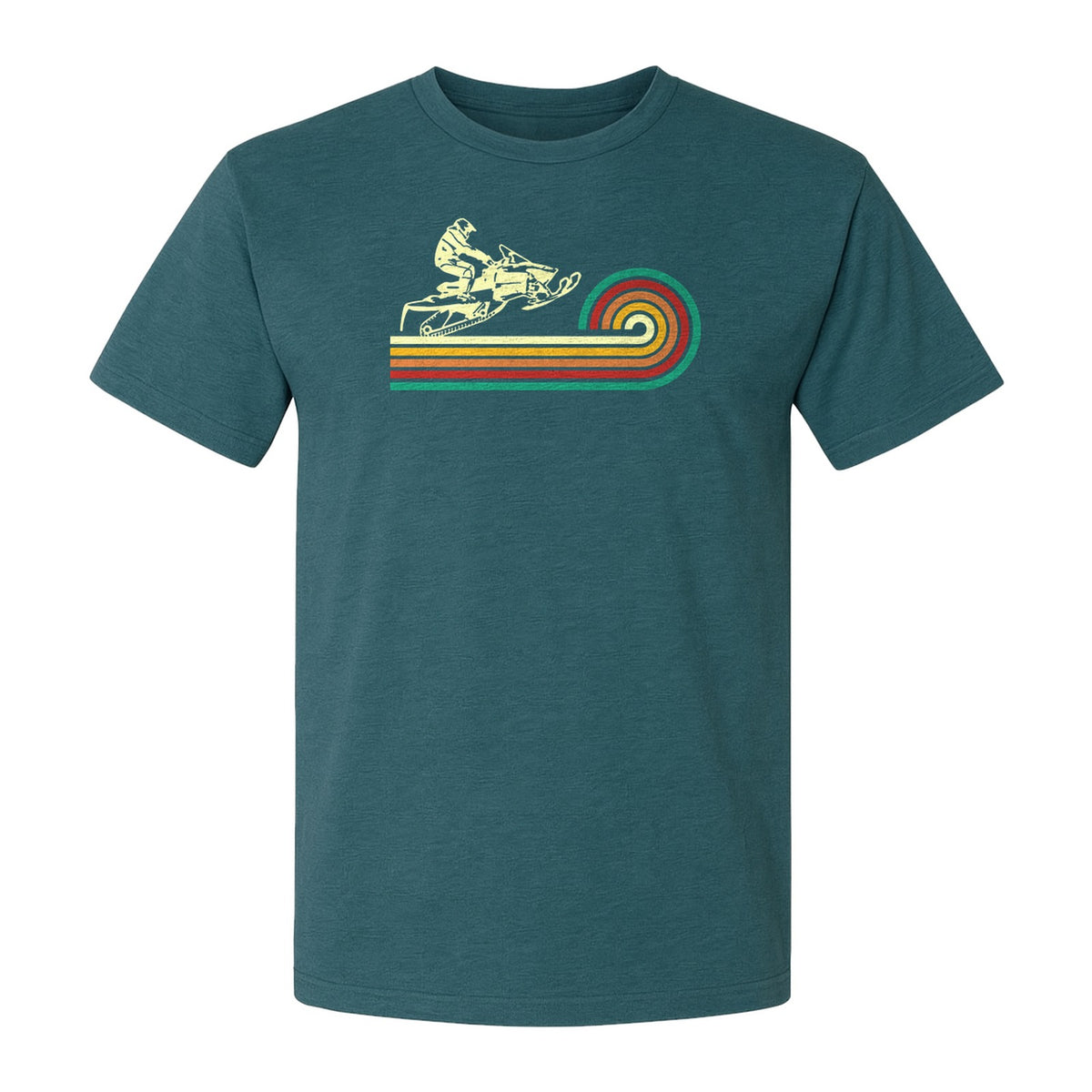 Snowmobile T-Shirt, Retro Rainbow Stripe Winter Sports Graphic Tee for Sledding Fans