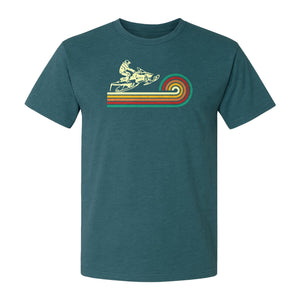Snowmobile T-Shirt, Retro Rainbow Stripe Winter Sports Graphic Tee for Sledding Fans
