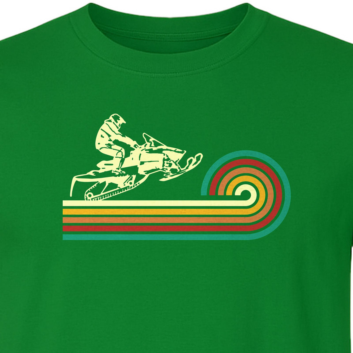 Snowmobile T-Shirt, Retro Rainbow Stripe Winter Sports Graphic Tee for Sledding Fans