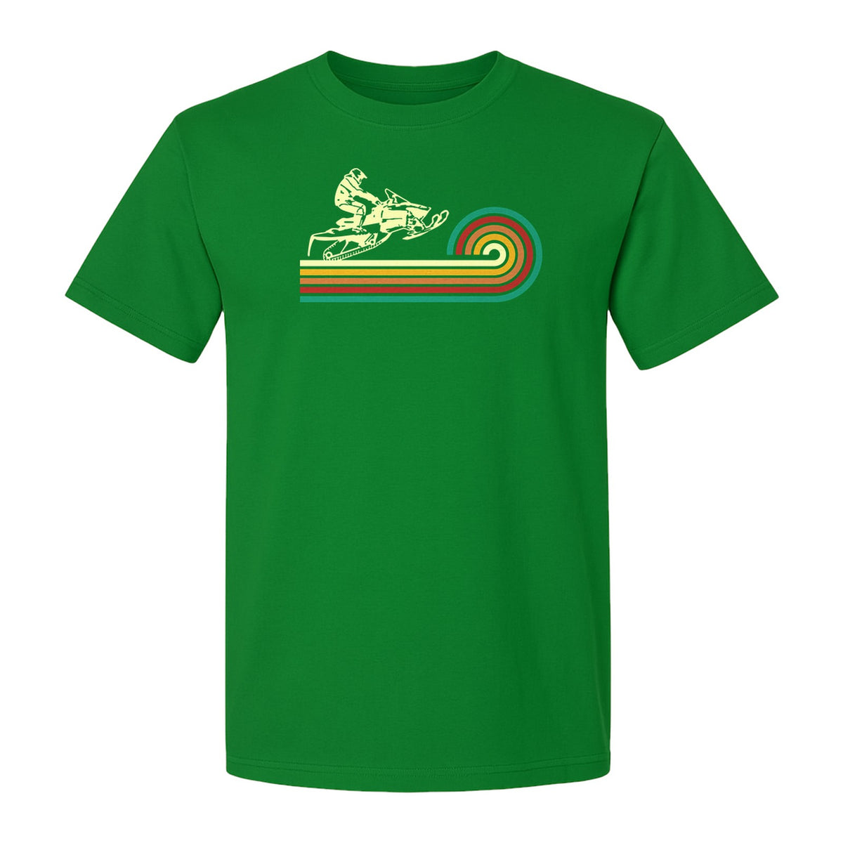 Snowmobile T-Shirt, Retro Rainbow Stripe Winter Sports Graphic Tee for Sledding Fans