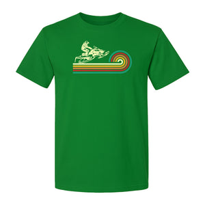 Snowmobile T-Shirt, Retro Rainbow Stripe Winter Sports Graphic Tee for Sledding Fans