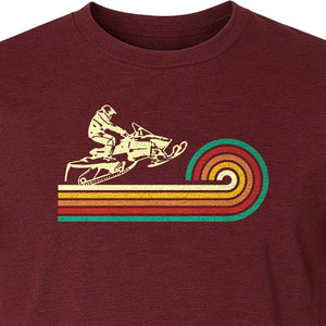 Snowmobile T-Shirt, Retro Rainbow Stripe Winter Sports Graphic Tee for Sledding Fans