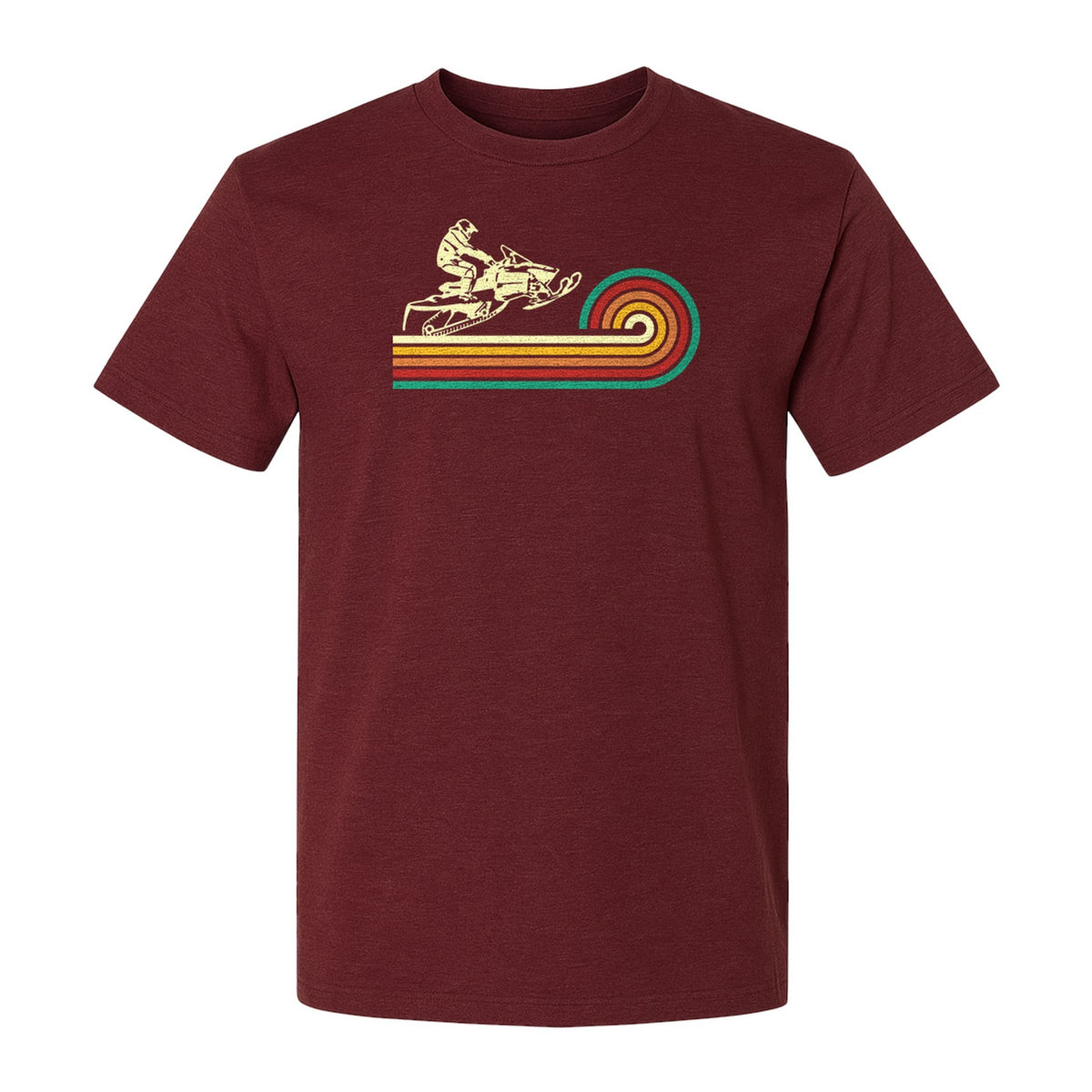 Snowmobile T-Shirt, Retro Rainbow Stripe Winter Sports Graphic Tee for Sledding Fans