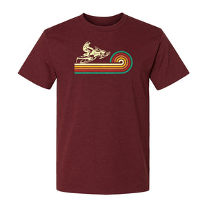 Snowmobile T-Shirt, Retro Rainbow Stripe Winter Sports Graphic Tee for Sledding Fans