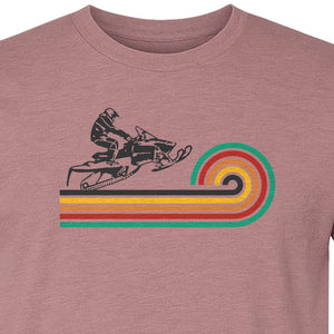 Snowmobile T-Shirt, Retro Rainbow Stripe Winter Sports Graphic Tee for Sledding Fans
